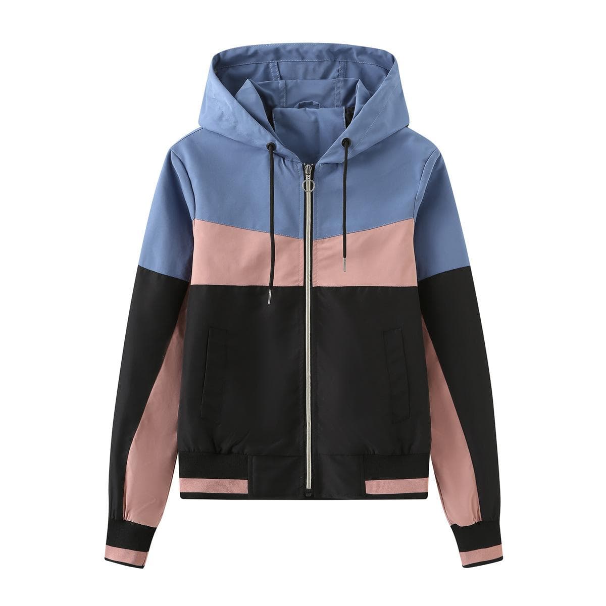 Spring and Autumn New Thin Hooded Windbreaker Women's Color Long Sleeve Zipper Drawstring Jacket XXL