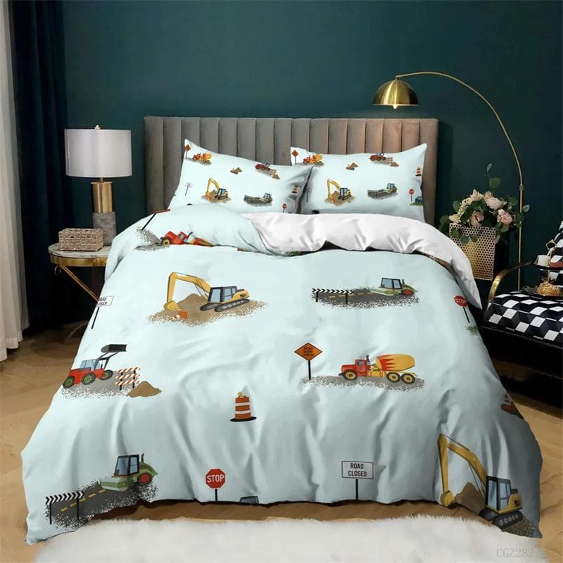 Kids Excavator Tractor Truck for Children Boys Girls Bedroom Decor Construction Vehicle Cartoon Duvet Cover Crane Quilt Cover 173x218cm 2pcs