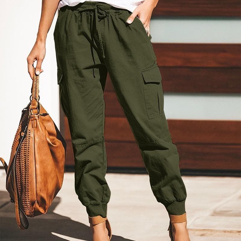 Cool Girl and Women Elastic Cargo Pants Waistband Pants Stylish Summer Spring Solid Color with Pocket Thread Hem Pants M army green
