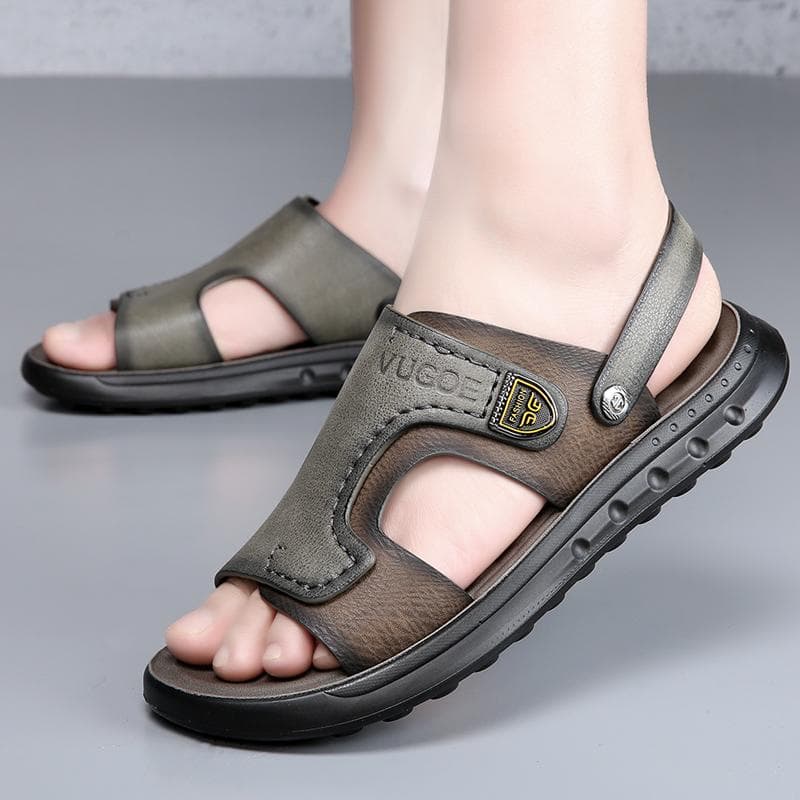 Men's Sandals Leather Summer Slippers 2023 New Fashion Trend First Layer Cowhide Men's Casual Non-slip Beach Shoes 42 green