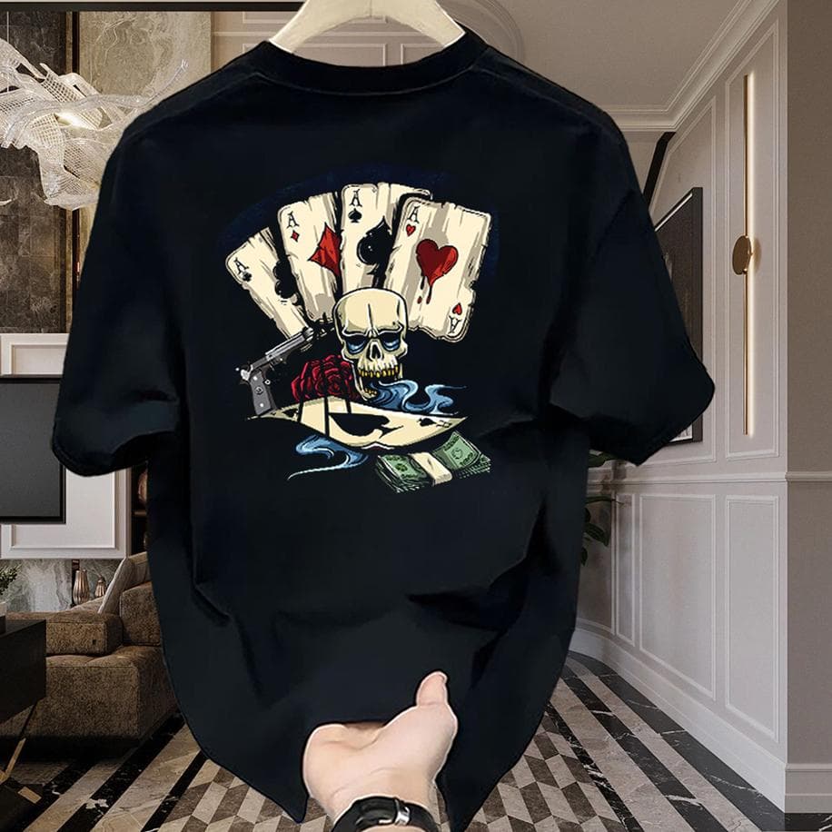 Casual Men Summer Skull Poker Print Breathable Sports T-Shirt Tops XL black