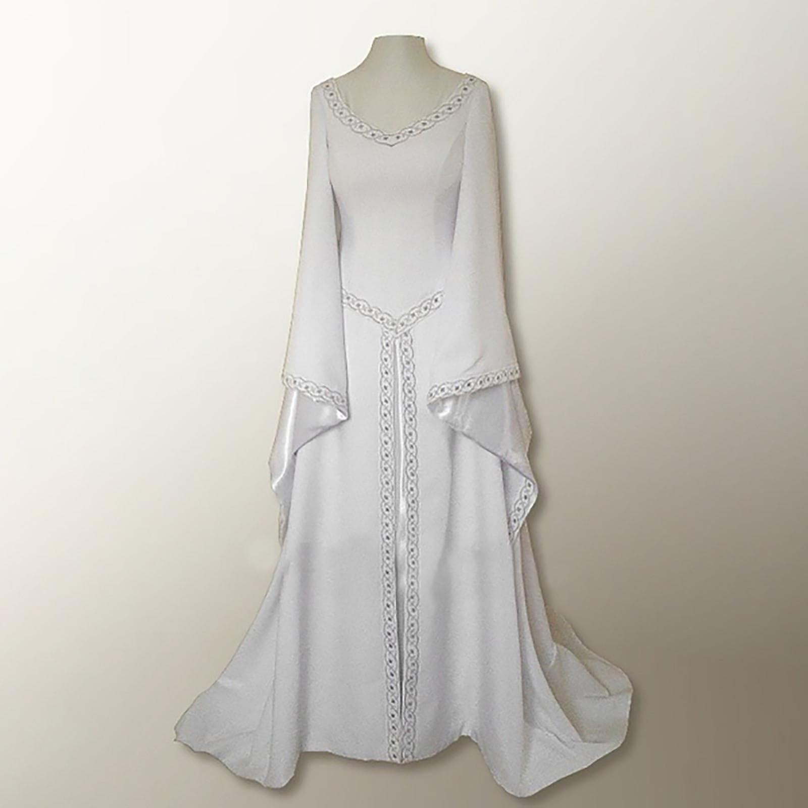 Vintage Gothic Dress Cosplay Costumes Autumn Winter Long Sleeve Medieval Witch Long Dress Halloween Costumes XXL white
