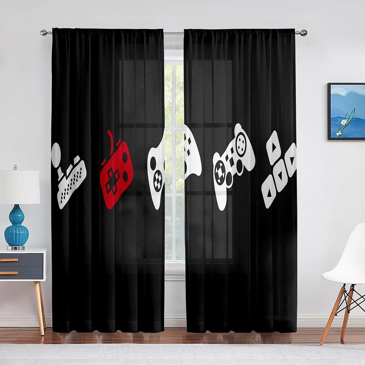 Boys Gamer Tulle Curtains for Living Room Decor Gaming Controller Video Game for Kids Sheer Voile Curtain Window Drapes Blinds 1 PCS W150XH250cm&Grommet Top