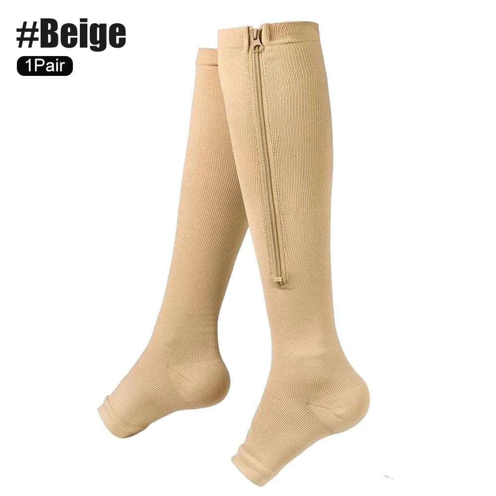 1 Pair Unisex Open Toe Knee Length Zipper Compression Stockings Women Slim Sleeping Beauty Leg-Support Prevent Varicose Veins L-XL