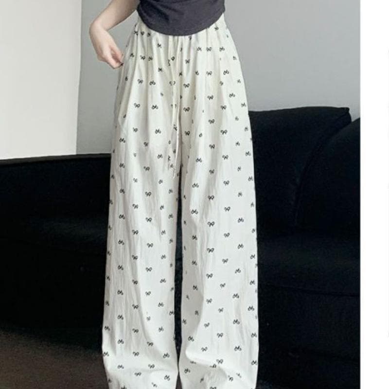 Niche Bow Casual Pants for Women In Summer New High Waist Draped Wide-leg Slimming Lazy Straight-tube Ice Silk Pants 2XL