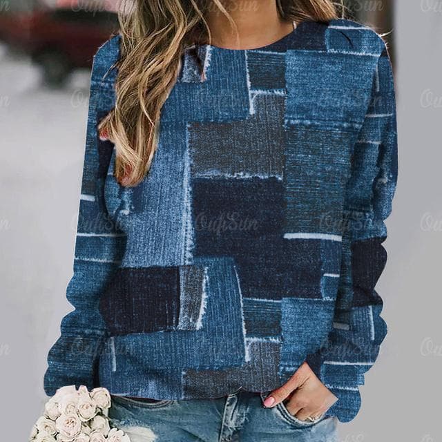 Vintage Women's T-Shirt Autumn O Neck Sweater T Shirt for Women 3D Plaid Printed Clothes Imitation Cotton Long Sleeve Pullover L