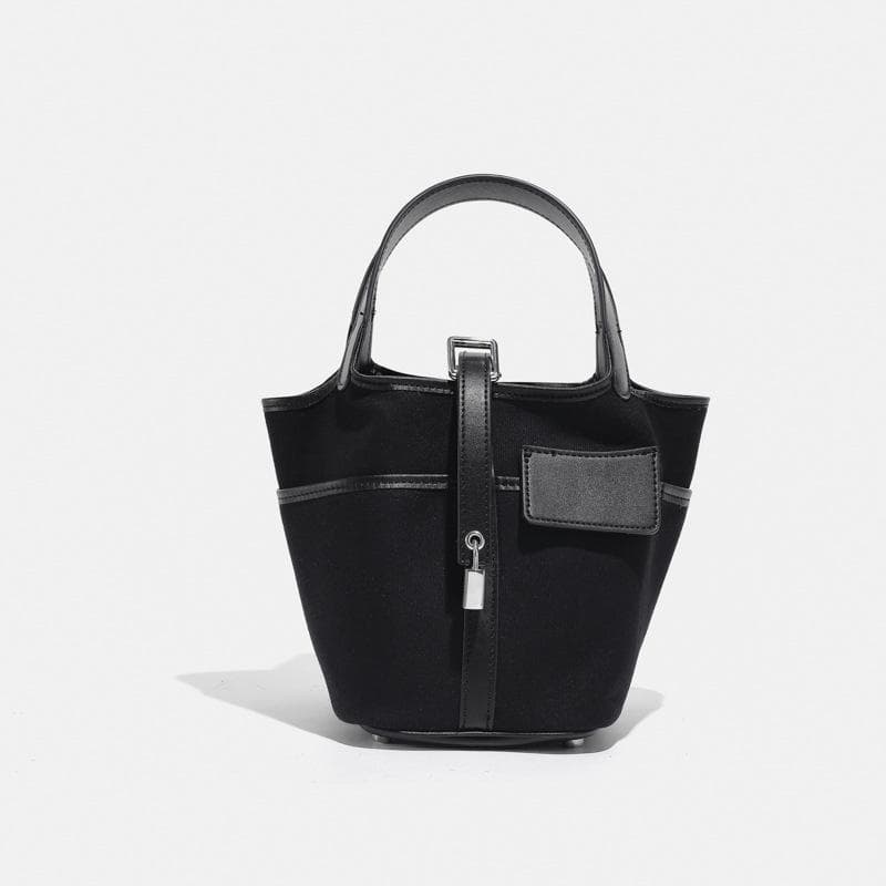 Niche Design Wax Thread Basket Canvas Stitching Plain Pocket Bag Hand Carrying Women's Bag Bucket Bag black
