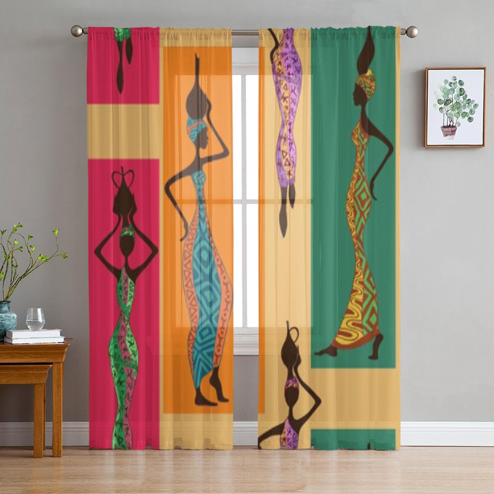 Beautiful African Women With Vases Chiffon Sheer Curtains for Living Room Bedroom Decoration Window Voiles Tulle Curtain 135W x 114H(cm)