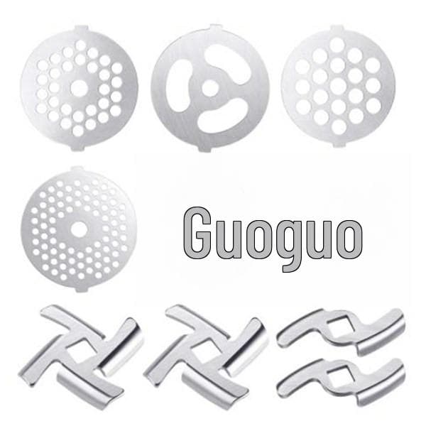 Stainless Steel Meat Grinder Accessories: Knife, Blade, Hole Plate, Sausage Stuffer, and Grinder Rod. Stainless Steel 420