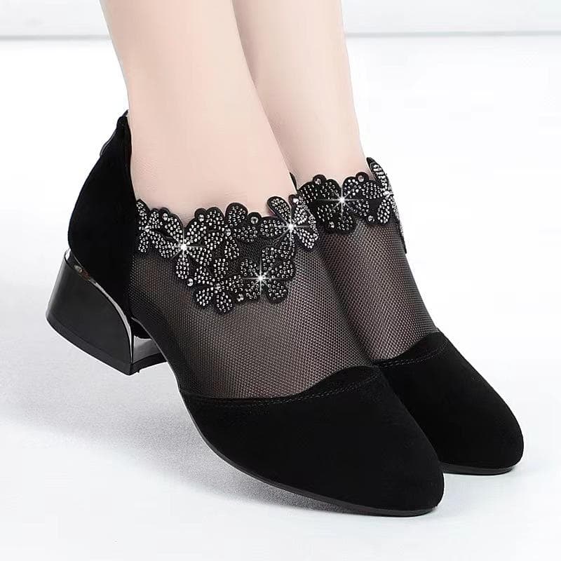 Stylish Women's Rhinestone Mesh Block Heel Sandals with Back Zipper - Perfect for Any Occasion 40 black