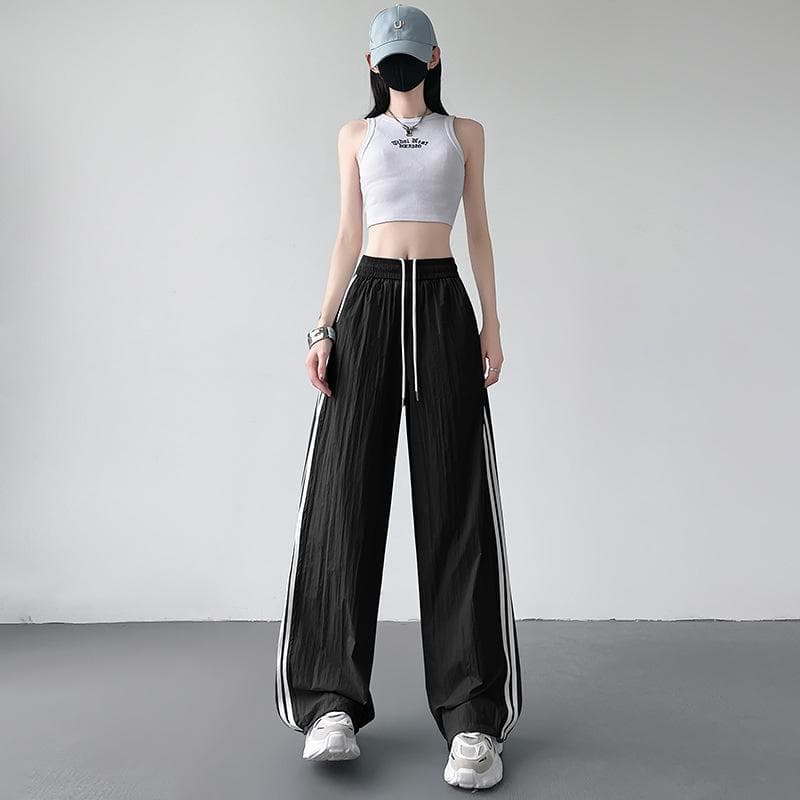 New Summer American Casual Pants and Sweatpants for Women Drawstrings for Two High Waist Loose Slimming Sun Protection Wide-leg Pants 2XL black