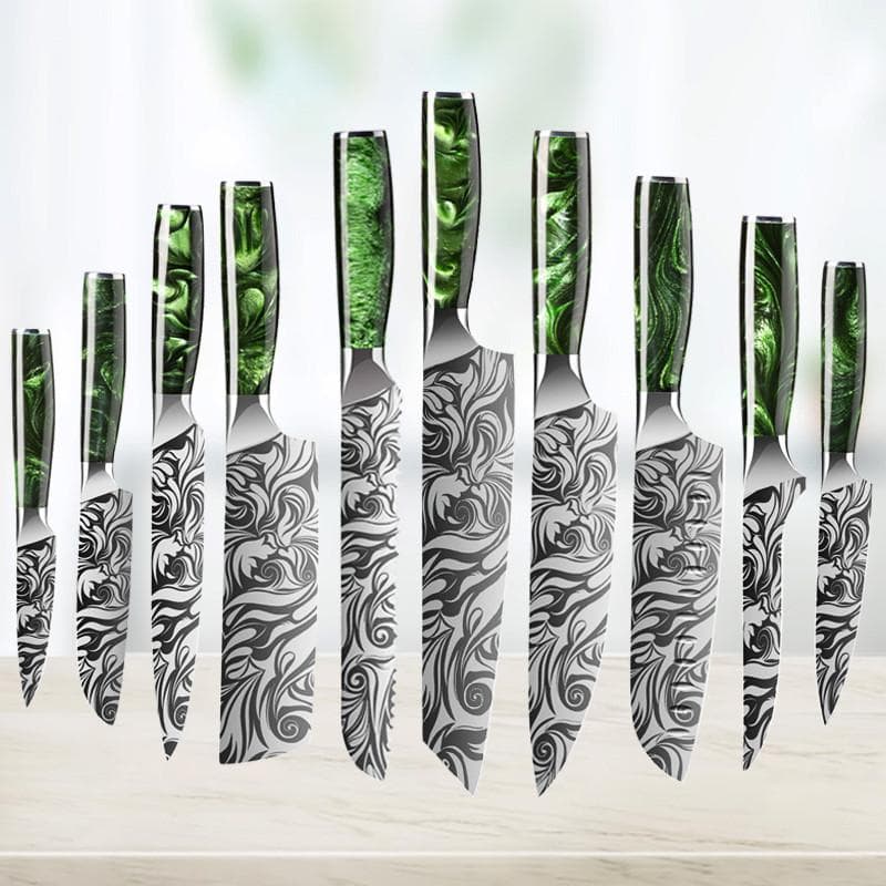 10PCS Kitchen Knives Stainless Steel 7CR17 440C Laser Damascus Japanese Santoku Cleaver Slicing Utility Chef Knife 10pcs navy blue