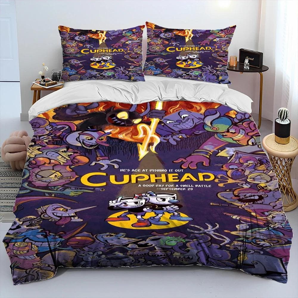 Cuphead and Mugman,Game Gamer Comforter Bedding Set,Duvet Cover Bed Set Quilt Cover Pillowcase,King Queen Size Bedding Set Boys 150x200cm 3pcs