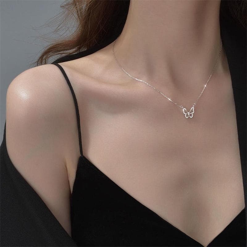 Crystal Butterfly Charms Woman Necklace Pendant Simple Girls Rhinestone Chain Necklace Chokers Gifts For Friends silver