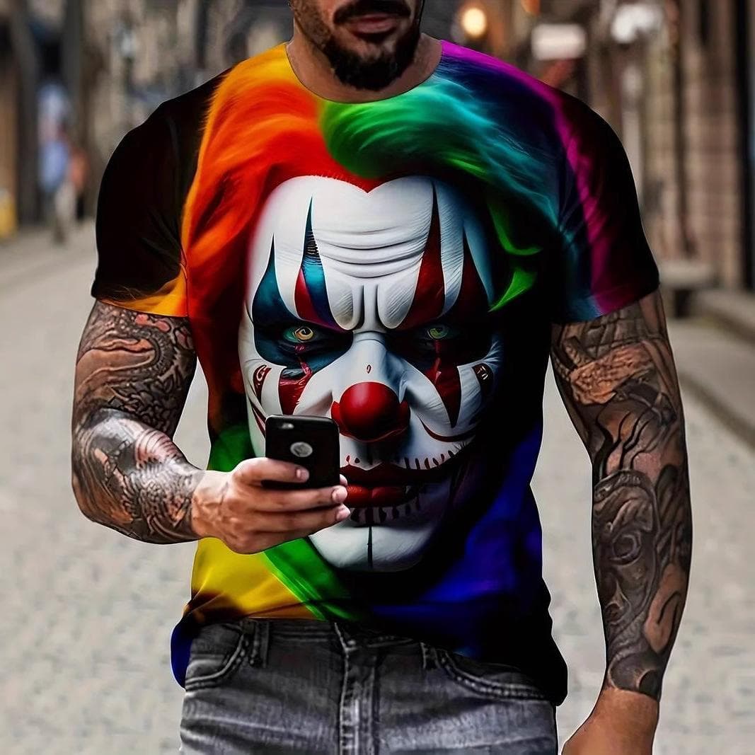 Summer Round Neck 3D Clown Print Top Fashionable Casual Short Sleeved Men's T-shirts L