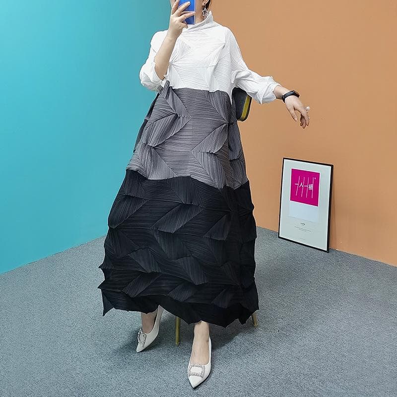 Pleated Spring 2025 Diamond Colorblock Maxi Miyake Dress [Ready Stock] One Size black