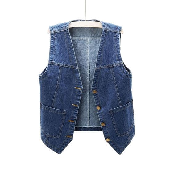 Plus Size Women Front Button Denim Waistcoat Vintage V Neck Sleeveless Denim Vest Female Autumn Outerwear Cardigan Tops 3XL dark blue