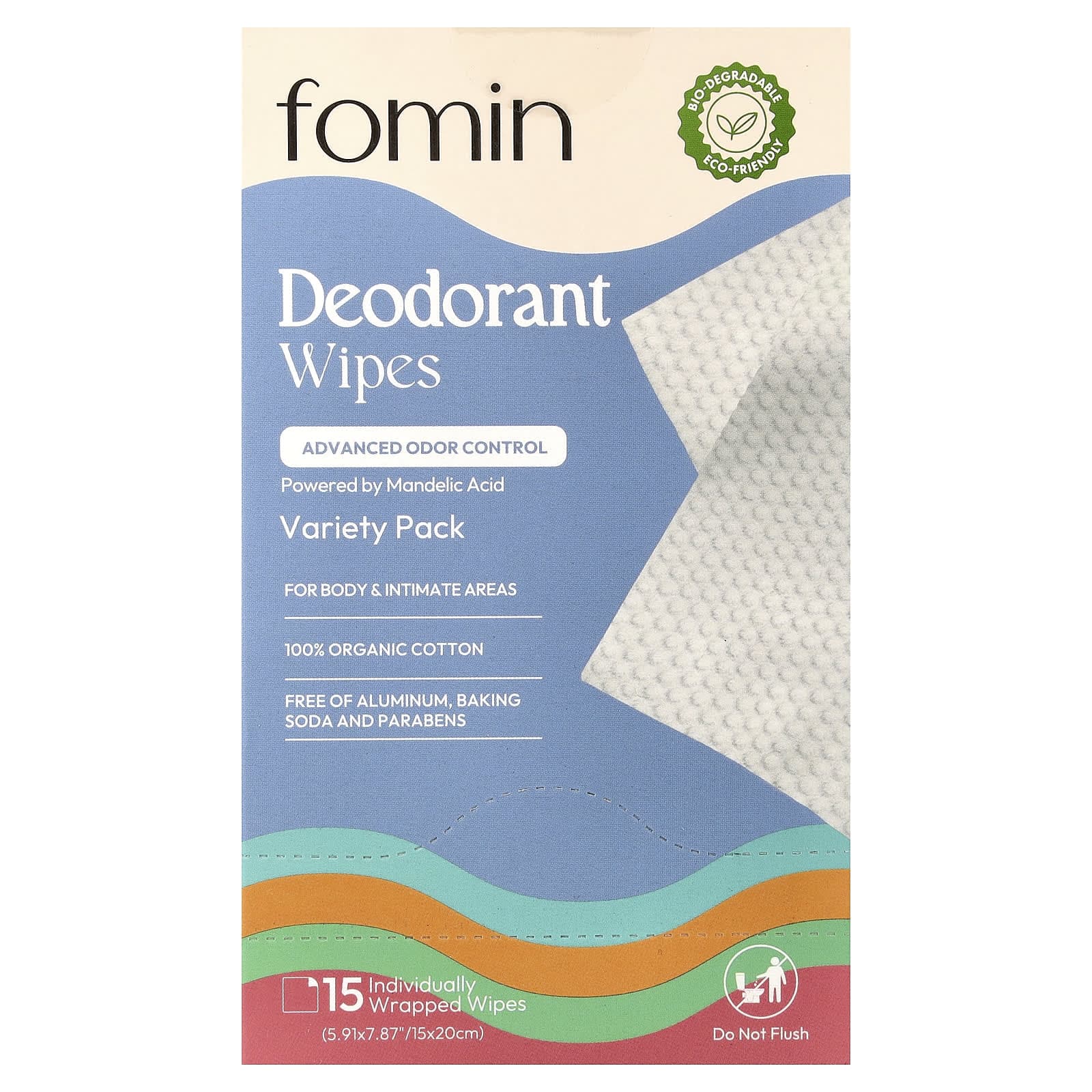 fomin, Deodorant Wet Wipes, Variety Pack, 15 Individually Wrapped Wet Wipes