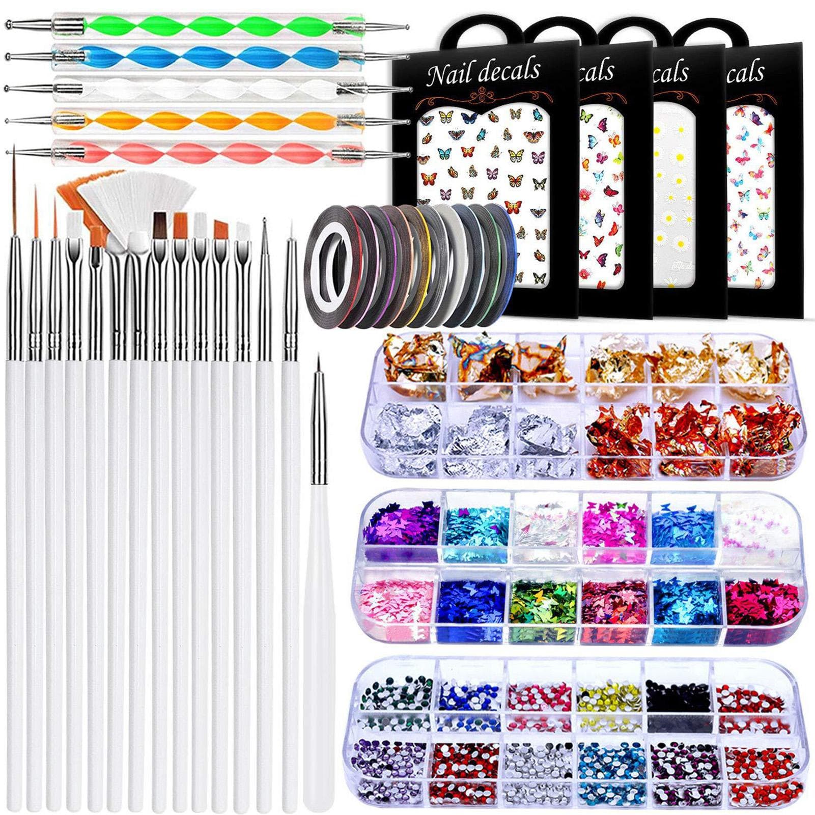 Nail Art Decorations Kit Complete Nail Brush Rhinestone Kit with Stickers Dotting Pen Foil Flakes