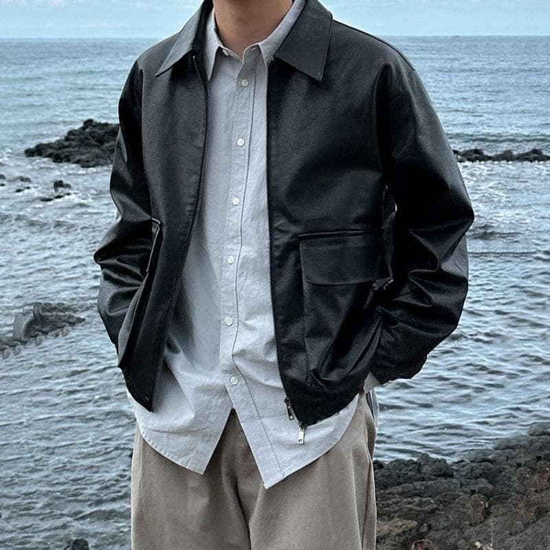 Lapel Leather Jacket Men's New Spring Loose Coat Korean Style Trendy Motorcycle Leather Jacket 2XL black