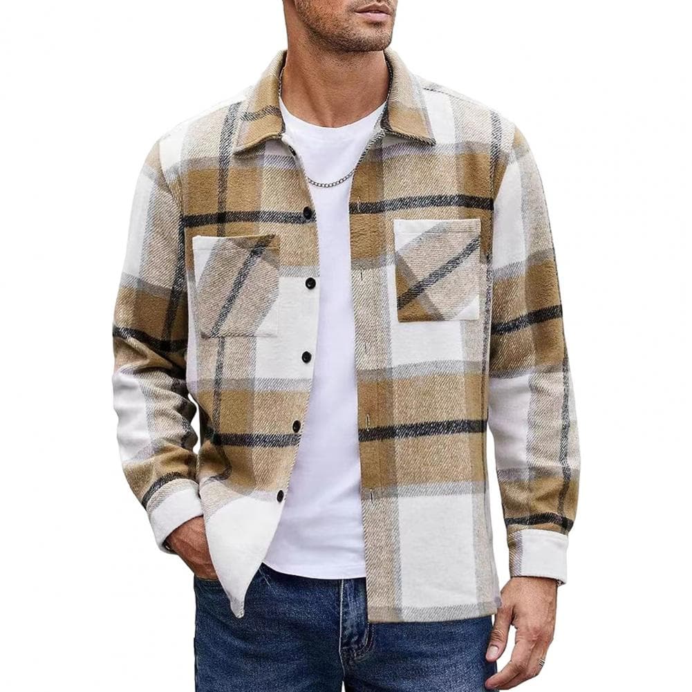 Men Autumn Winter Plaid Print Shirt Coat Lapel Long Sleeve Pocket Shirt Jacket Loose Fit Single Breasted Thickened Shirt Outwear M khaki