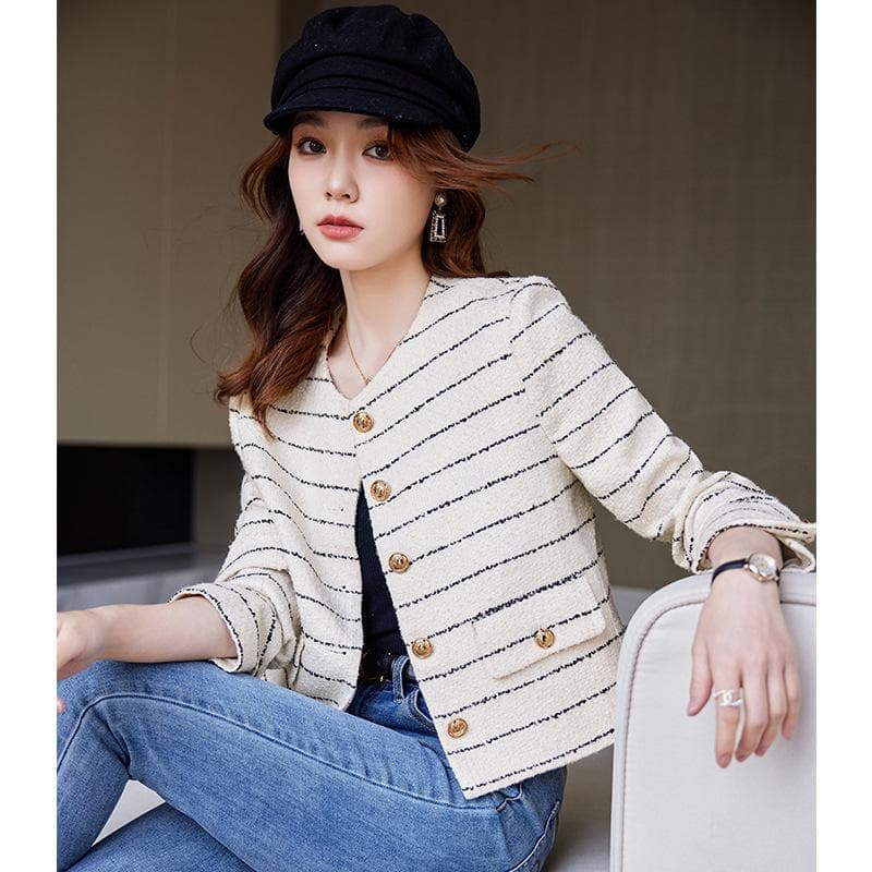 Striped Small Fragrance Style Short Suit Jacket for Women In Autumn and Winter Age-reducing Temperament Commuting Small Top 2XL
