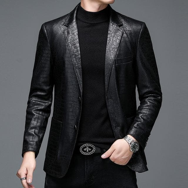Leather Suit Men 'S Business Snake Embossing Craft High -End Large Size Man Faux Leather Blazer Business Gentleman Wedding Pu Coat XXL black