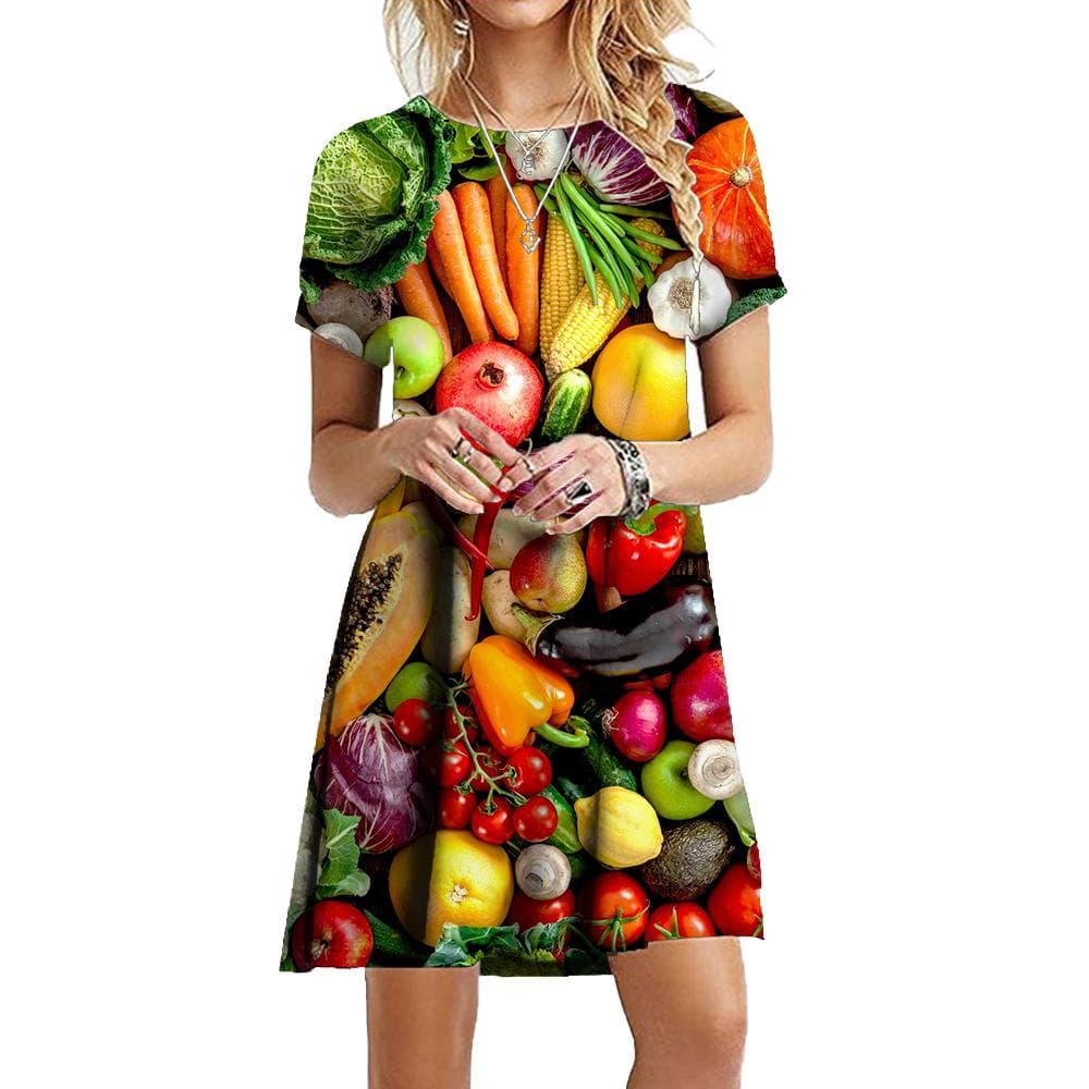Fruit And Vegetables 3D Printed Dresses For Summer Fashion Women Clothing Oversized Short Sleeve Loose Casual Mini Dress 4XL
