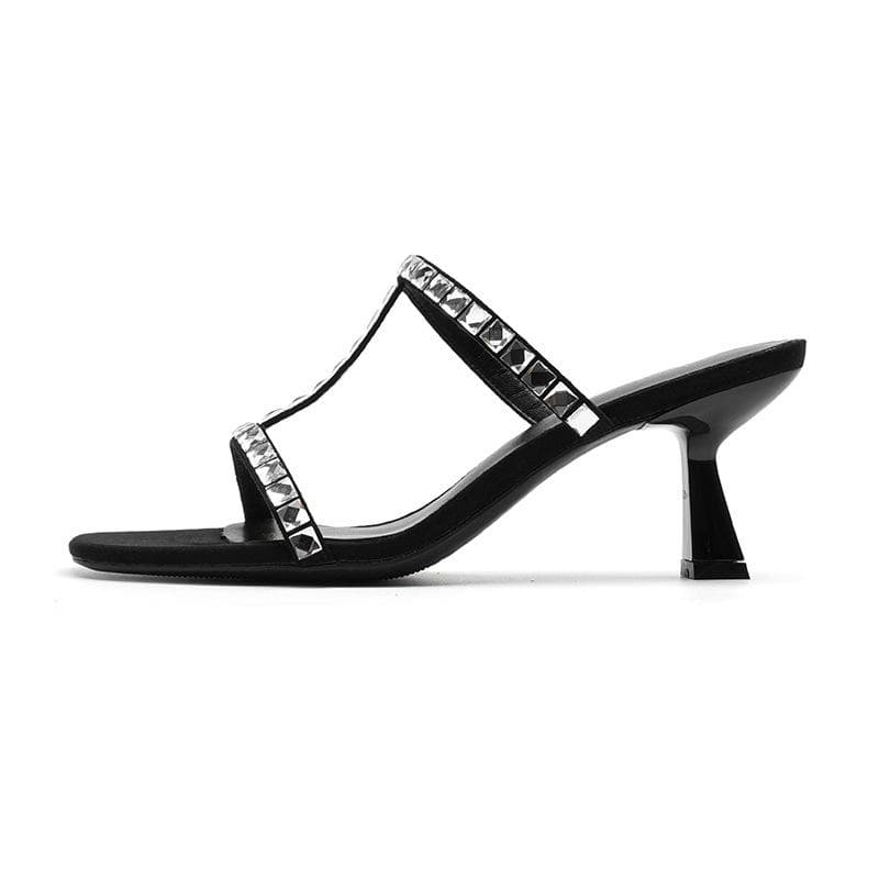 Rhinestone Word with High-heeled Sandals Spring New Square Head Women's Sandals Simple Stiletto High-heeled Shoes 39 black