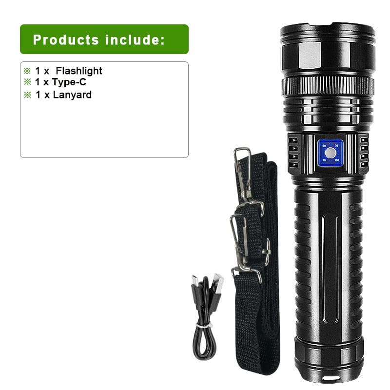 2025 Most Powerful LED Flashlight Super Bright Rechargeable Flashlight Long Range 6000M Outdoor Torch Light Camping Fishing Lamp built in batteries black