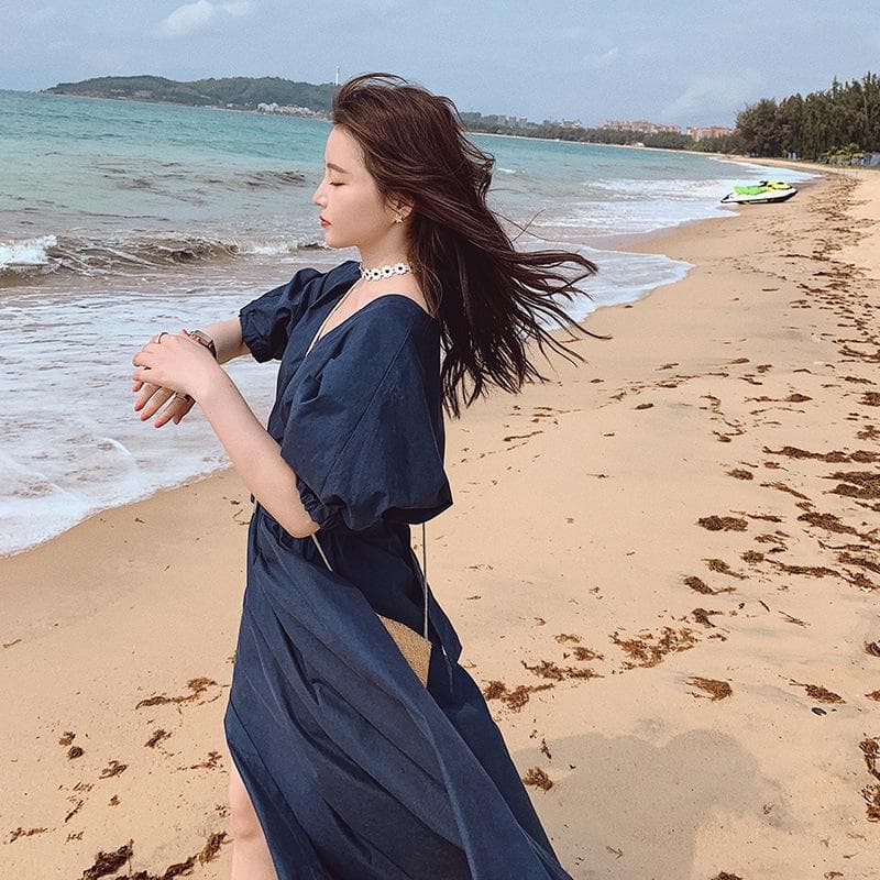 Women's Waist Slimming Dress New Summer Style Gentle Style Puff Sleeve Platycodon Skirt XL