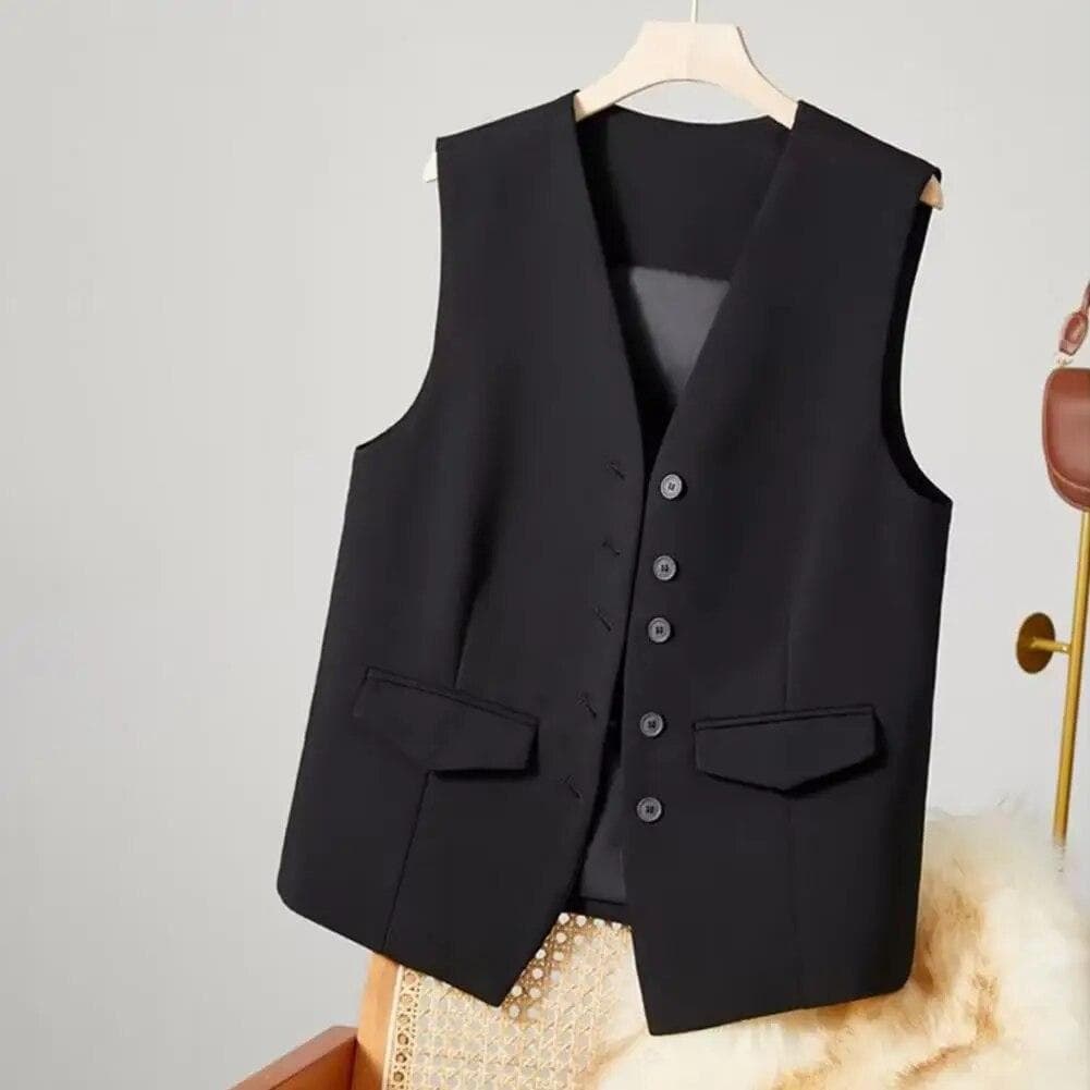 Women Suit Vest Elegant Women's V Neck Business Vest Sleeveless Waistcoat for Office Commute Style Solid Color Single-breasted L black