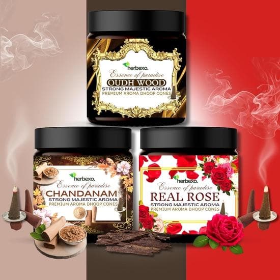 Chandan, Rose, Oud Dhoop Cones, 3 Natural Fragrance Trio Pack, Long Lasting, Majestic Ittar Fragrances, 100% Natural, Low Smoke (Chandan, Rose & Oud)