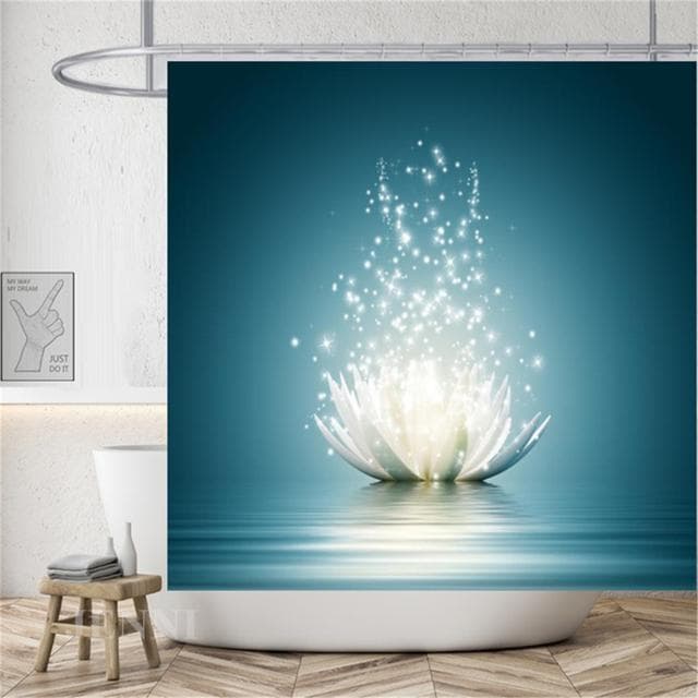 Rural Landscape Creek Stone Lotus Buddha Shower Curtain Bathroom Curtain Fabric Waterproof Polyester Bathroom Curtain with Hooks 180*180cm