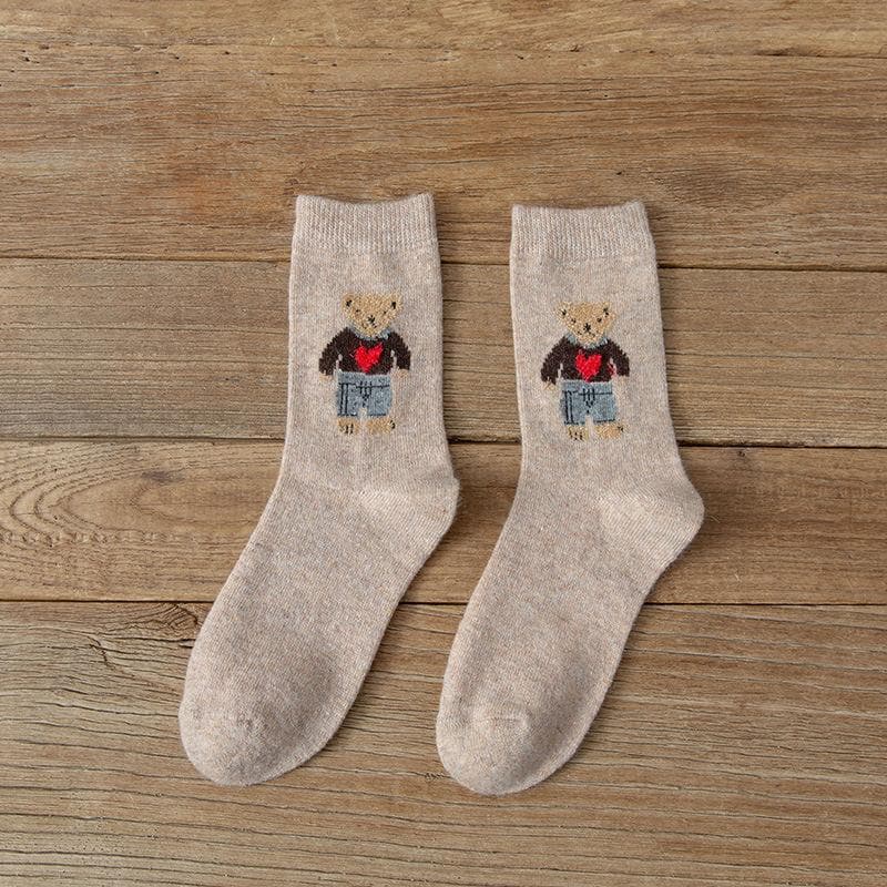 Cartoon Bear Socks Women Autumn Winter Thick Warm Socks Cute Kawaii Fashion Socks For Women khaki