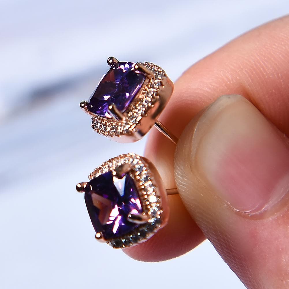 Rose Silver Gold Color Princess Cut Multicolor Birthstone Stud Earrings Zircon Earrings Jewelry purple