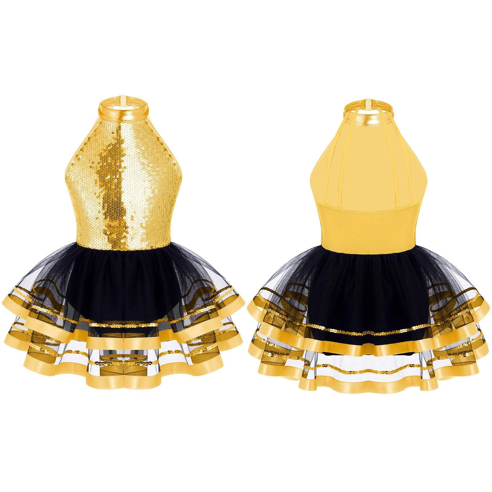 Kids Girls Sparkling Sequins Round Neck Ballet Dance Tutu Dress Gymnastics Modern Dancing Performance Costume gold
