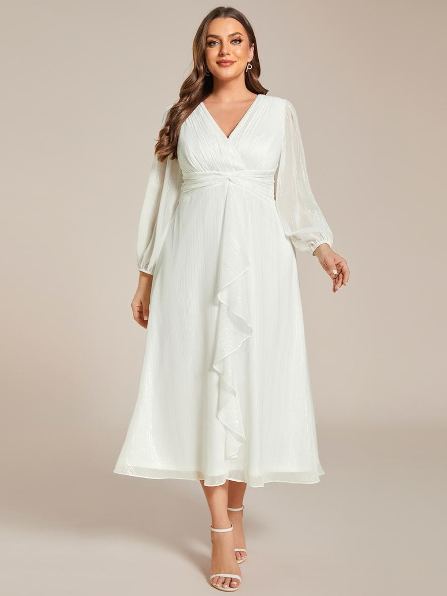 Ever-Pretty Women's Plus Size Shiny Chiffon Long Sleeve Wedding Guest Dress Twist Knot A-Line Evening Dresses 5XL cream