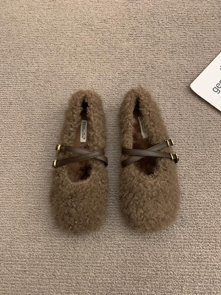 2024 Spring Lambhair Women Ballet Laofer Flat Shoes Fashion Shallow Slip On Ladies Fur Mary Jane Shoes Soft Outdoor Granny Shoes 39 dark brown