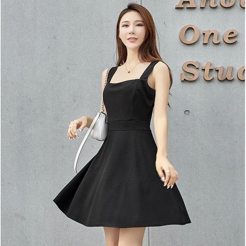 Sling Dress Female Summer Korean Style Slim Sexy Backless High Waist Suspender A-line Dress S black