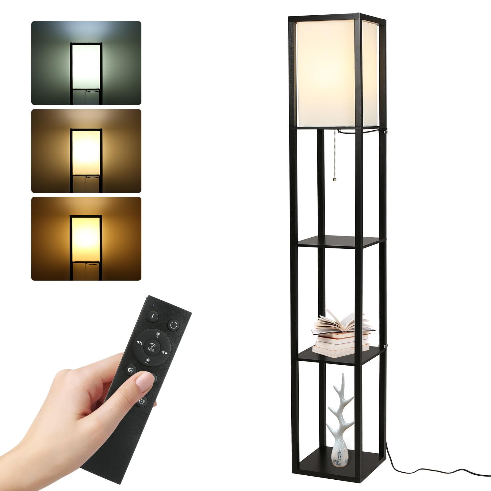 Tomshine Modern Shelf Floor Lamp with Remote Control & Pulling Switch 15W Dimmable LEDs Bulb Color EU Plug black