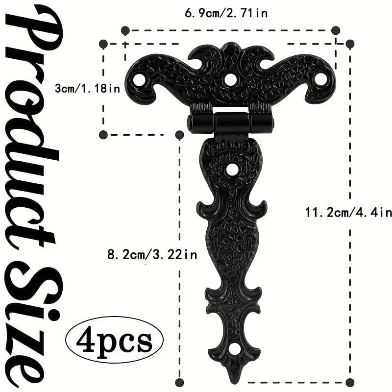 4pcs Heavy Duty T-Hinges - Vintage Black Decorative Metal Hinges for Barn Doors, Powder Coated, Screws Included, Easy Installation with Accessories 4-Pack