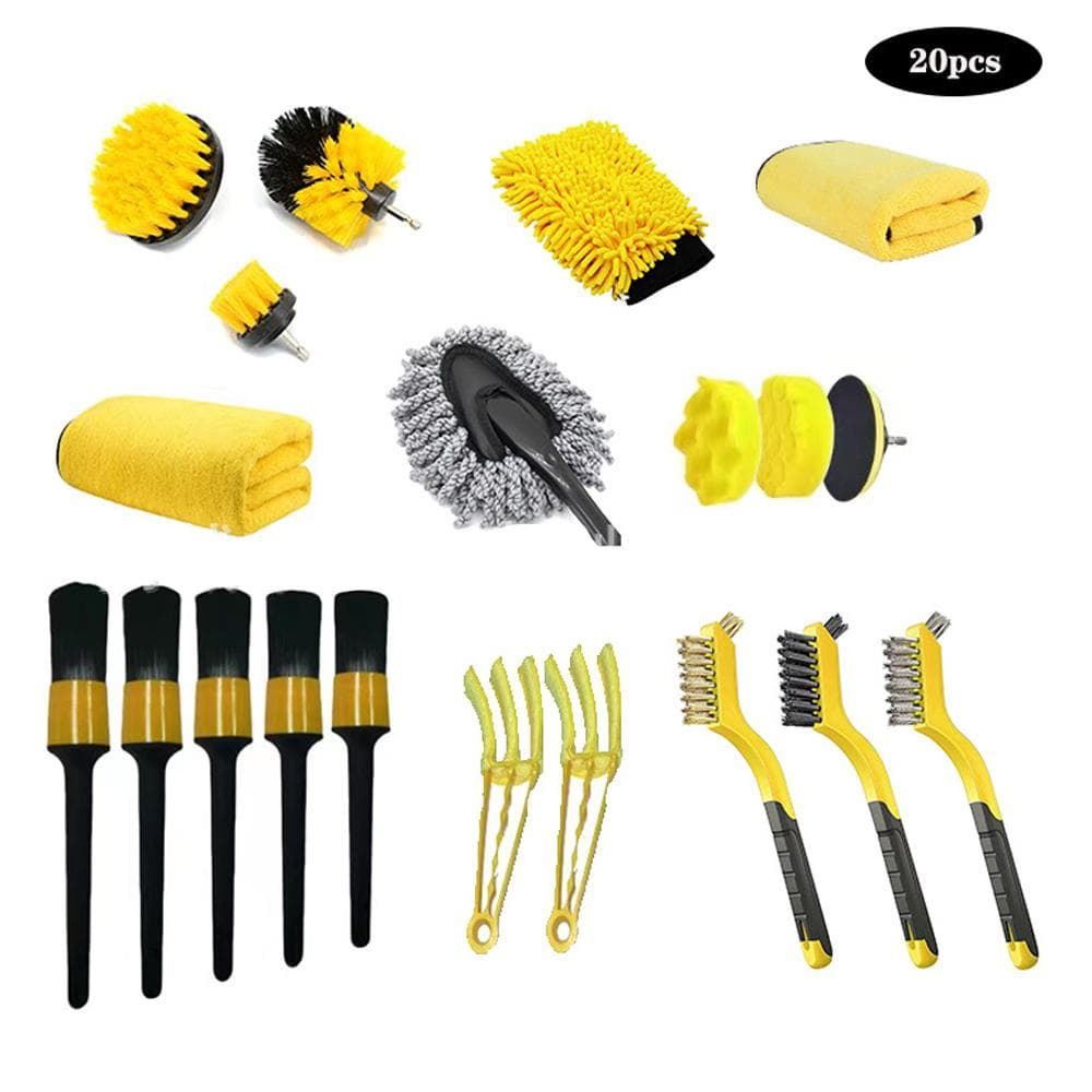20Pcs Car Wash Kit Interior and Exterior Cleaning Detailing Drill Brush Kit Complete Professional yellow