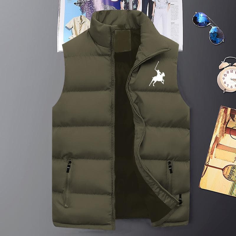 Men's Polo printed sleeveless jacket Men's autumn and winter warmth windproof British style down vest M-5XL 5XL army green