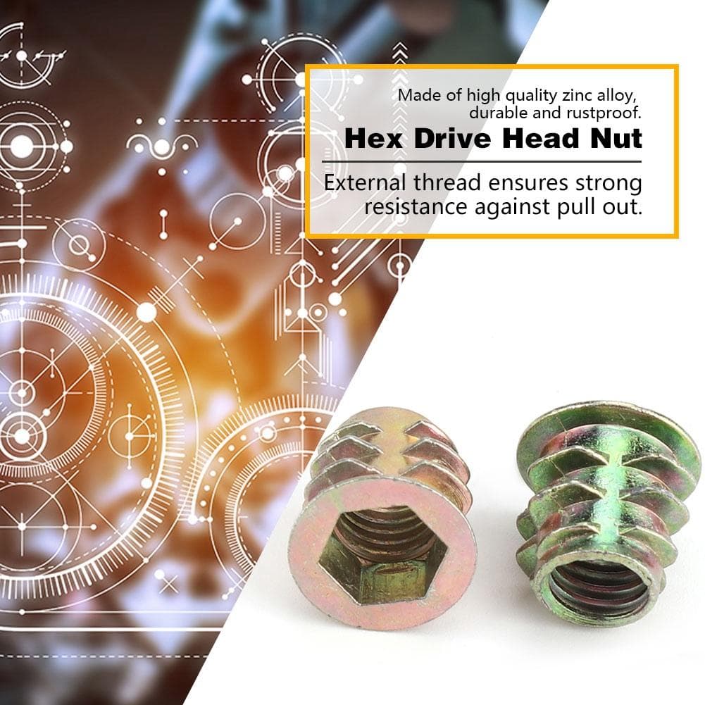 20Pcs M8 13mm Zinc Alloy Hex Drive Head Furniture Nuts Threaded for Wood Insert