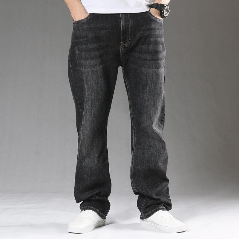 Men's Loose Jeans Classic Straight Gray Black Business Casual Elasticity Cotton Denim Trousers Plus Size 40 31 black/grey