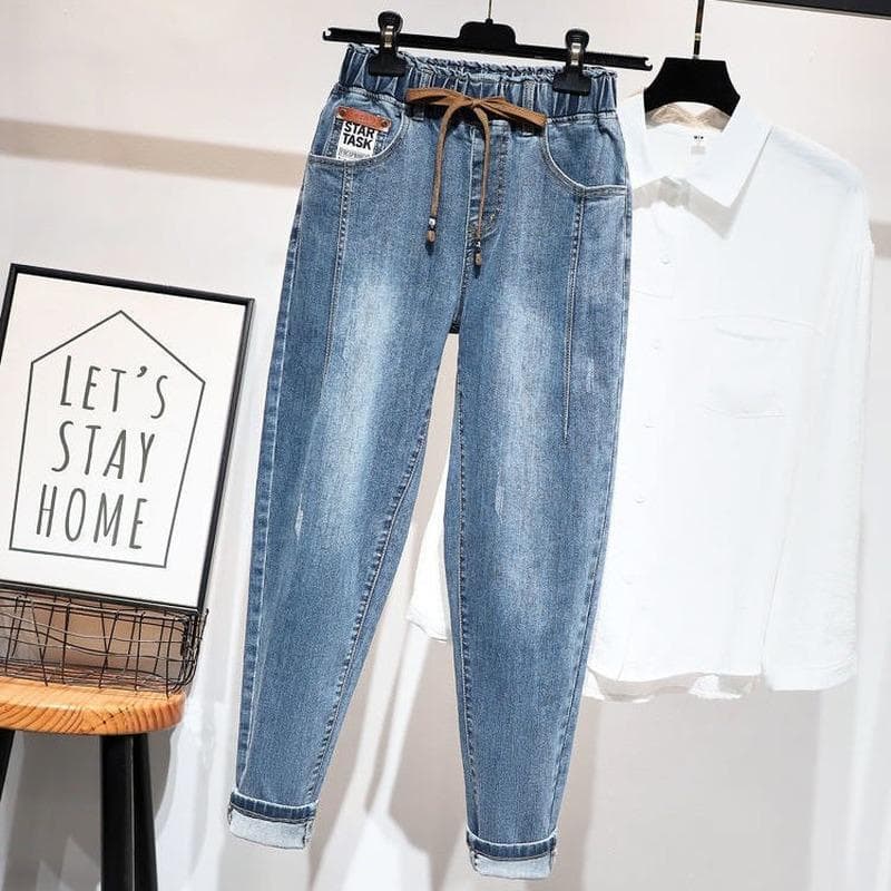 Plus Size Cotton Elastic Force Denim Pants High Waist Jeans Woman Skinny Women Jeans Harem Pants 4XL blue