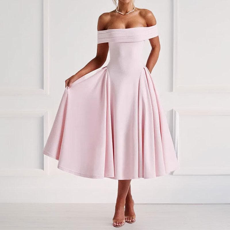Summer Women's Fashion Off-shoulder Sexy Style One-length Solid Color Dress for Women S