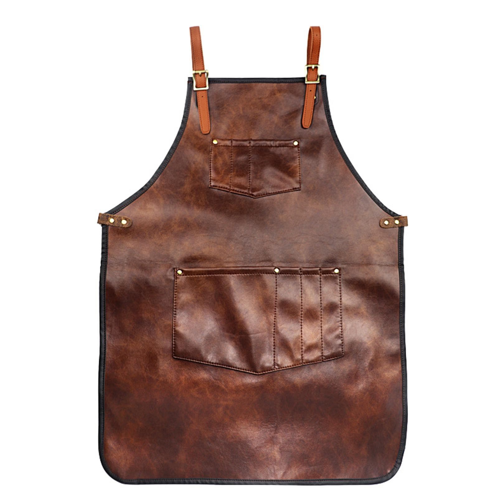 Chef Apron for Men Women Waterproof Leather Apron with Pockets Cross-Back Straps for Kitchen BBQ B brown