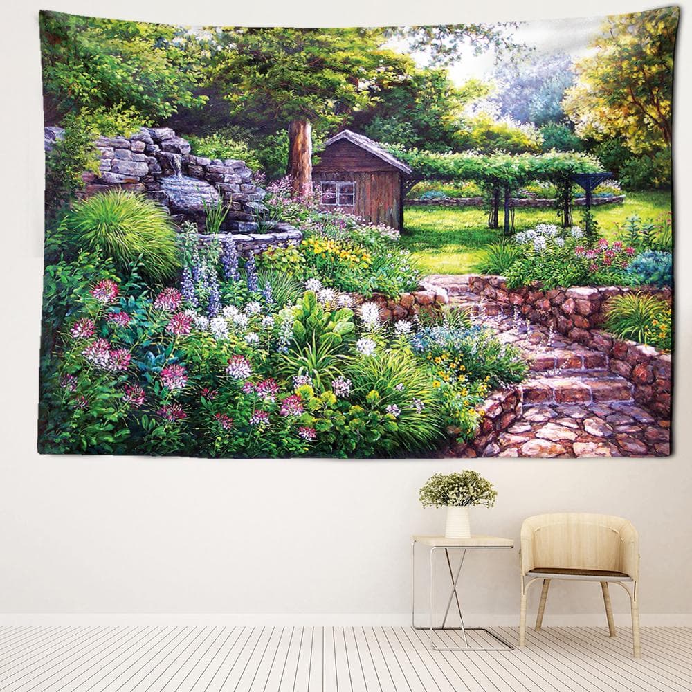 Cabin Forest Oil Painting Tapestry Wall Hanging Minimalist Art Bohemian Mysterious Hippie Tapitz Room Home Decor 95x73CM